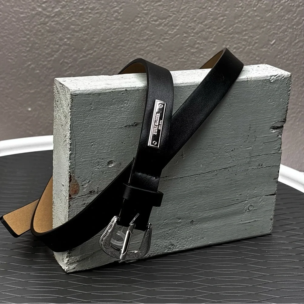Steve Madden Women’s Western Vibe Smooth Black Leather Belt Silver Hardware 36”